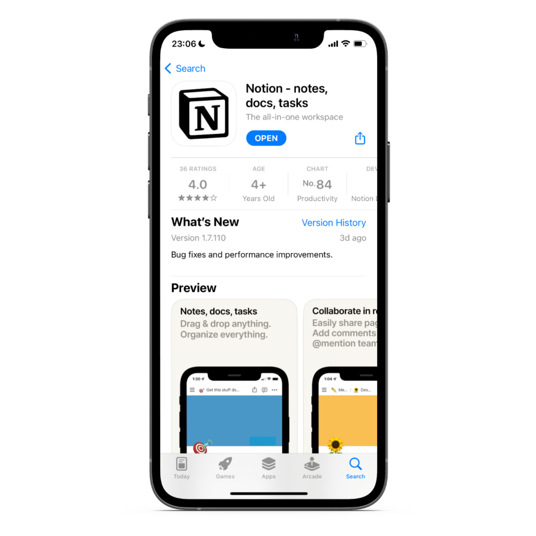 Screenshot of the Notion app on the Apple Play Store