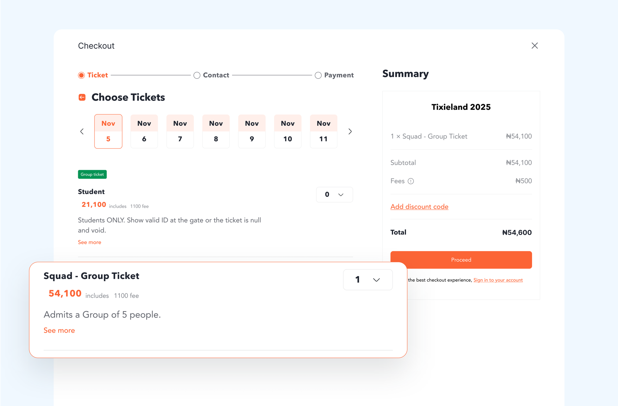 Different ticket types on a Tix Africa checkout page